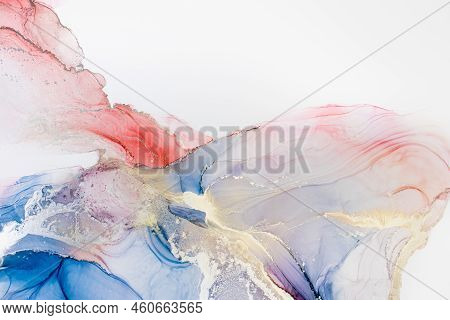 Aabstract Fluid Art Painting In Alcohol Ink Technique, Mixture Blue, Red And Gold Paints. Frozen Pai
