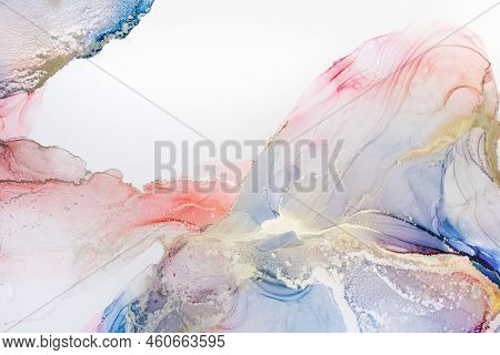 Aabstract Fluid Art Painting In Alcohol Ink Technique, Mixture Blue, Red And Gold Paints. Frozen Pai