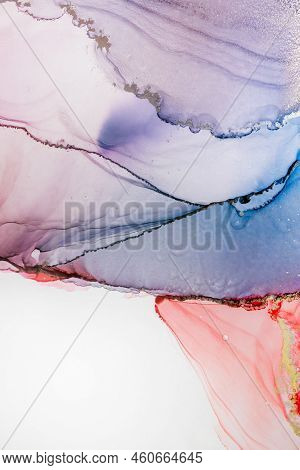 Aabstract Fluid Art Painting In Alcohol Ink Technique, Mixture Blue, Red And Gold Paints. Frozen Pai