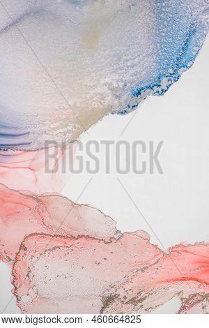 Aabstract Fluid Art Painting In Alcohol Ink Technique, Mixture Blue, Red And Gold Paints. Frozen Pai
