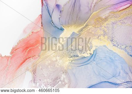 Aabstract Fluid Art Painting In Alcohol Ink Technique, Mixture Blue, Red And Gold Paints. Frozen Pai