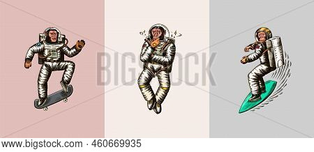 Monkey Astronaut With Skateboard. Chimpanzee Spaceman Cosmonaut Characters Set. Astronomical Galaxy 