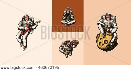 Monkey Astronaut With Whale, Guitar, Skateboard And Moon. Chimpanzee Spaceman Cosmonaut Characters S
