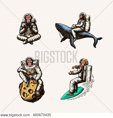 Monkey Astronaut With Whale, Guitar, Skateboard And Moon. Chimpanzee Spaceman Cosmonaut Characters S