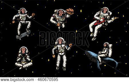 Monkey Astronaut With Whale, Guitar, Skateboard And Moon. Chimpanzee Spaceman Cosmonaut Characters S