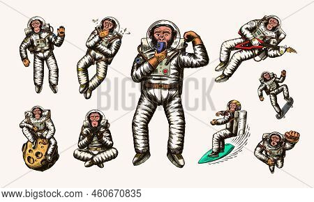 Monkey Astronaut With Whale, Guitar, Skateboard And Moon. Chimpanzee Spaceman Cosmonaut Characters S