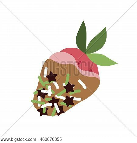 Chocolate Covered Strawberry. Pink Glazed Strawberries. Flat, Cartoon, Vector
