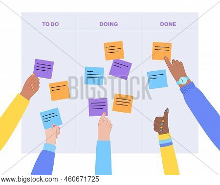 Kanban Board Methodology. Meeting Process, Cards With Tasks On Whiteboard, Teamwork Visualization In