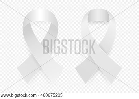 Vector 3d Realistic Clear White Ribbon Set. Lung Cancer Awareness Symbol Closeup. Cancer Ribbon Temp