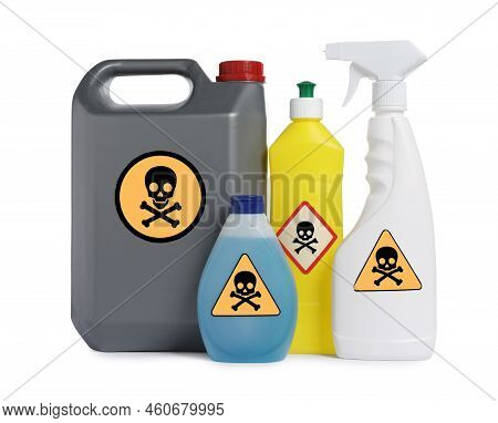Bottles Of Toxic Household Chemicals With Warning Signs On White Background