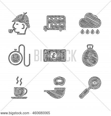 Set Pound Sterling Money, Smoking Pipe, Magnifying Glass, Money Bag With Pound, Cup Of Tea Tea, Watc