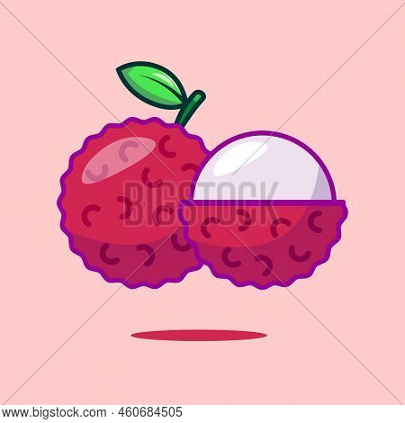 Lychee fruit on pink background. Tropical fruit in flat style. Vector illustration