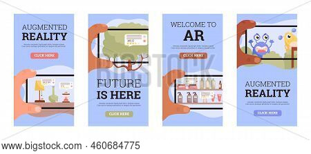Augmented Reality Web Banners Set, People Using Smartphones With Computer Generated Information, Vec
