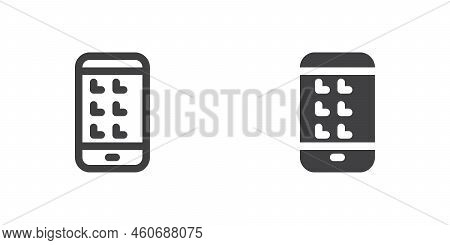 Smartphone Menu Screen Icon. Mobile Phone Display Line And Glyph Version, Outline And Filled Vector 
