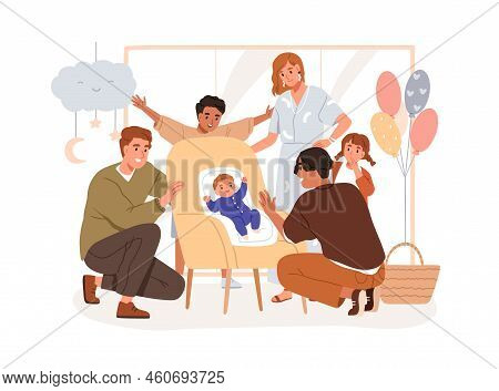 Family Celebrates Infant Birth, Arrival At Baby Shower Party. Happy Parents, Brother, Sister Welcomi