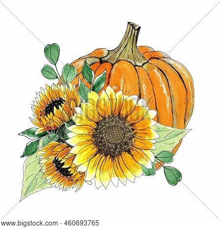 Watercolor Fall Pumpkin Decor. Thanksgiving Decor, Pumpkin With Sunflowers Arrangement, Isolated