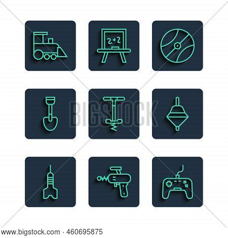 Set Line Dart Arrow, Ray Gun, Gamepad, Basketball Ball, Pogo Stick Jumping Toy, Shovel, Toy Train An