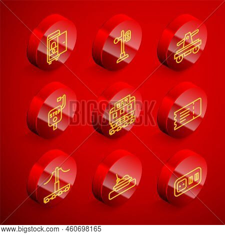 Set Line Toilet In The Train Car, Train Traffic Light, Draisine Or Handcar, Emergency Brake, Restaur