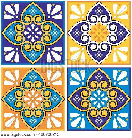 Mexican Talavera Floral Pattern Vector Tiles Seamless Design With Hearts, Swrils In Yellow And Navy 