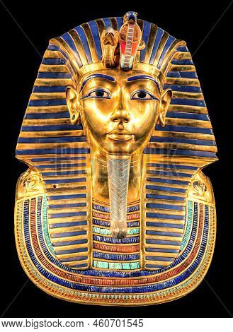 Tutankhamun's Golden Burial Mask On Black Bacground. King Tut.