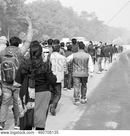 Delhi, India December 25 2021 : Delhi Contractual Guest Teachers With Posters, Flags And Graffiti’s