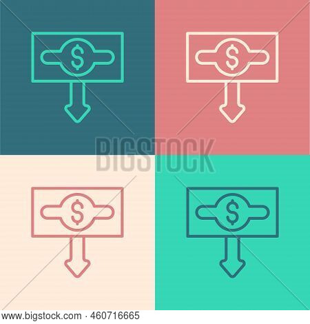Pop Art Line Dollar Rate Decrease Icon Isolated On Color Background. Cost Reduction. Money Symbol Wi