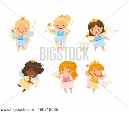 Cute Little Tooth Fairy With Baby Teeth And Magic Wand Wearing Crown Vector Set