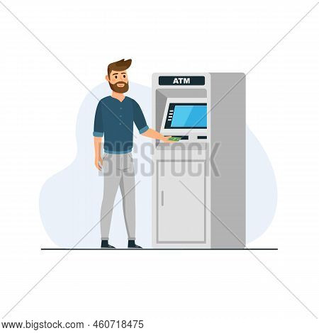 Man Standing Near Atm Holding Cash Isolated On White Background. Man Using Atm Machine. Banking Serv