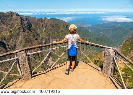 Ninho Da Manta Viewpoint On Pico Do Arieiro, A Young Woman Looking At The Mountains, Madeira. Portug