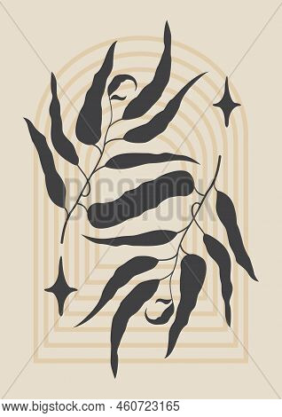 Art Poster In Pastel Color With Leaves And Arch. Black Silhouettes Of Plants.