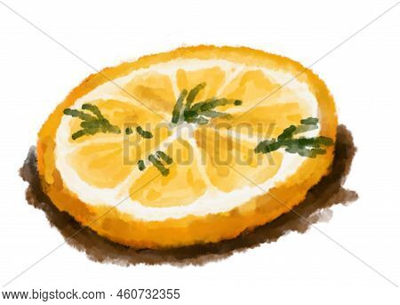 Grill Lemon Slice With Herb Watercolor Painting Topping On Food