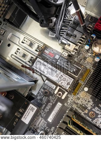 Paris, France - Apr 8, 2022: Workstation Pc Computer Interior With New Samsung 980 Pro Nvme Ssd Hard