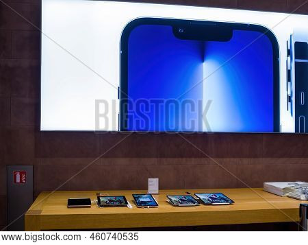 Paris, France - Nov 3, 2021: Advertising On The Wall In Apple Store For New Apple Computers Iphone S