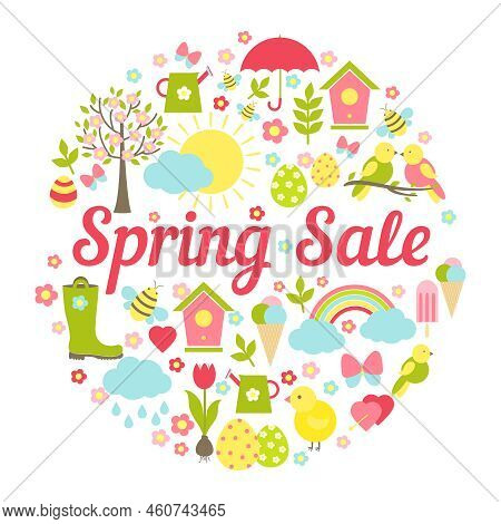 Decorative Circular Spring Sale Sign With A Busy Vector Design Depicting Symbolic Springtime Favouri