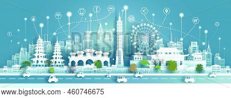 Technology Wireless Network Communication Smart City With Architecture Landmarks Taiwan At Asia Skyl