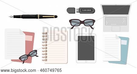 Collection Set Of Office Obejct Glasses Notebook Paper Document Tablet Fountain Pen Flash Drive