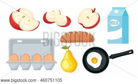 Collection Set Of Breakfast Food Objcet Fried Egg Milk Apple Bread Pear