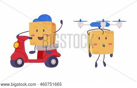 Cute Delivery Cardboard Box Character Riding Scooter And Flying With Quadrotor Vector Set
