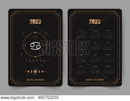 Zodiac Cancer Calendar 2023. Pocket Size. Front And Back Sides. Week Starts On Sunday. Astrological 
