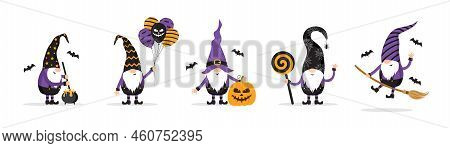 Halloween Gnomes. Cute Scandinavian Elves Collection. Dwarf Celebrate Spooky Night. Happy Holiday Ch