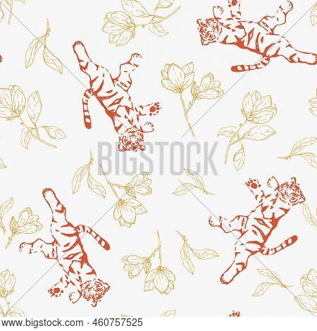 Vector Cute Tigers With Magnolia Lineart Drawing Seamless Pattern Background. Perfect For Fabric, Sc