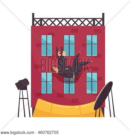 Action Film Shooting Scene With Stunt Double Falling Off Building With Handguns Cartoon Vector Illus