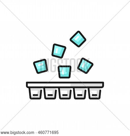Ice Cube Plastic Container With Flying Blue Water Cubes Isolated Outline Icon. Vector Fridge Freezer