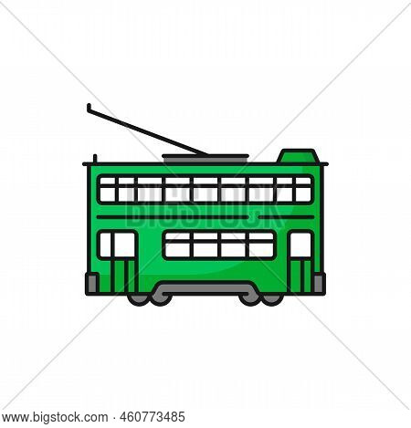 Tramway Double Decker Chinese Tram, Hong Kong Car Color Outline Icon. Vector Tramcar To Watch Sights