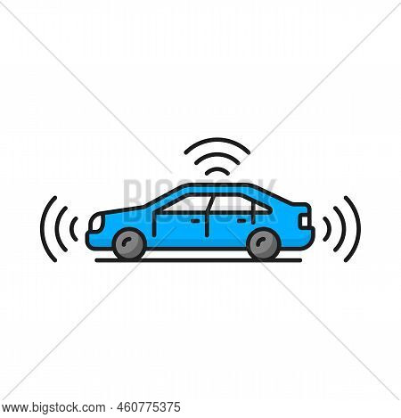 Autonomous Driverless Car With Ultrasound Wave Signals Isolated Color Outline Icon. Vector Self Driv