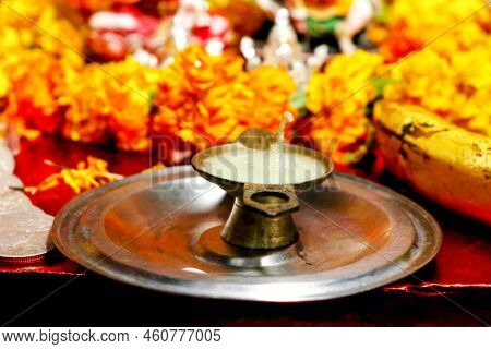 Prayer Items Pooja Material / Puja Sahitya In Hindu Religion From India, Arranged In A Group. Select