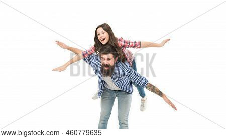 Imagination Can Get You Everywhere. Happy Family Imagine Flying. Imaginary Sky Travel. Father And Da
