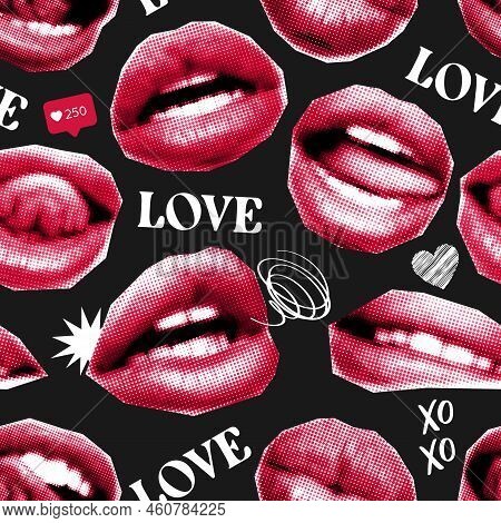 Collage Vector Pattern With Halftone Mouth, Lips, Kiss. Trendy Magazine Style. Creative Background W