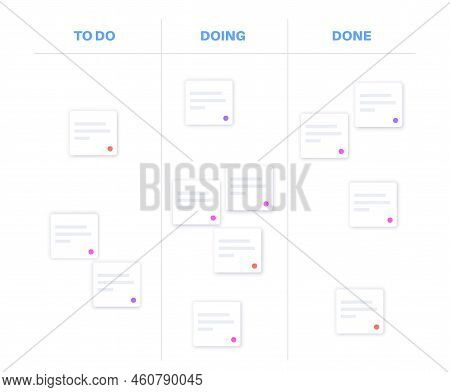 Kanban Board Methodology. Meeting Process, Cards With Tasks On Whiteboard, Teamwork Visualization In