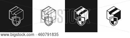Set Delivery Security With Shield Icon Isolated On Black And White Background. Delivery Insurance. I